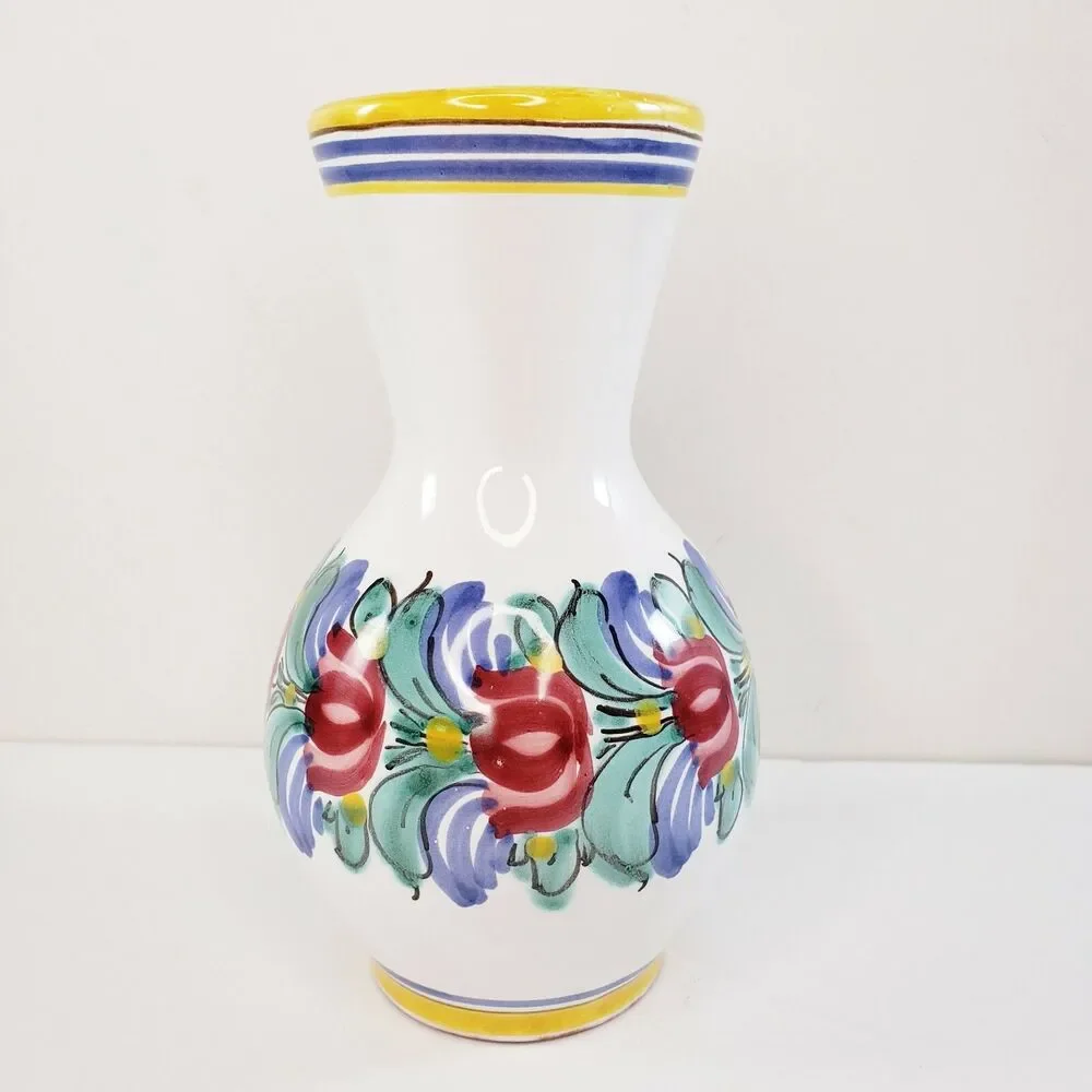 Italian Pottery Floral Vase Pink Flowers Yellow Blue Stripes Tuscan Old World